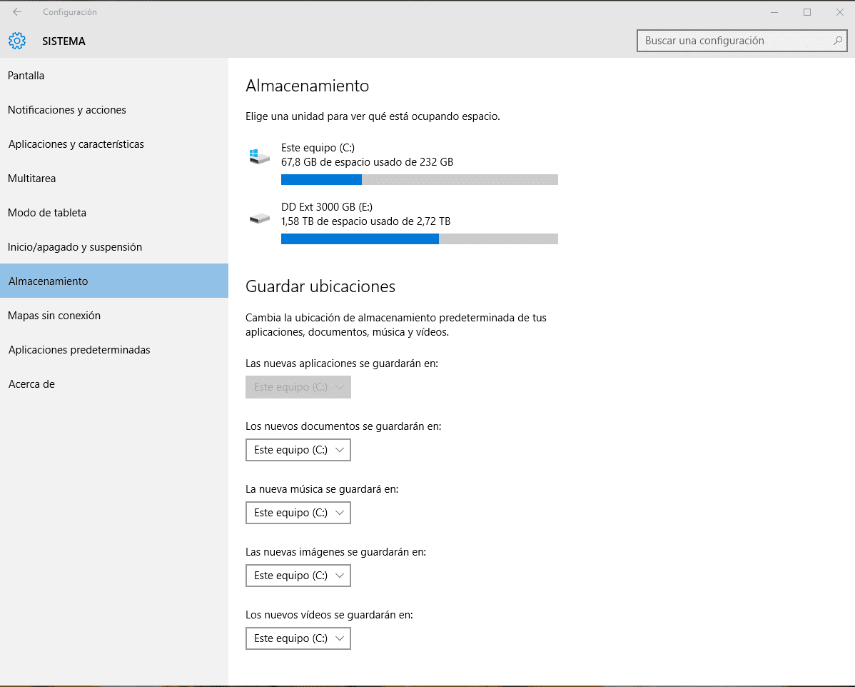 opciones de configuración de almacenamiento en Windows 10