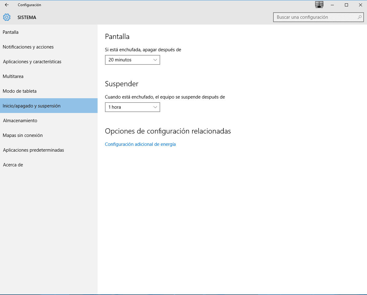 suspensión y apagado de pantalla automáticos en Windows 10
