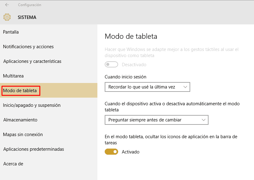 Activar o desactivar el modo de tableta en Windows 10
