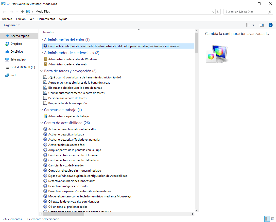 Distintas opciones disponibles en el Modo Dios de Windows 10