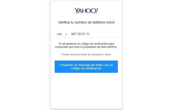 Schermata di verifica e-mail di yahoo.es