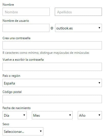 Formulario para registrarse en Hotmail.com
