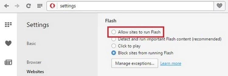 attivare l'opera Adobe Flash Player