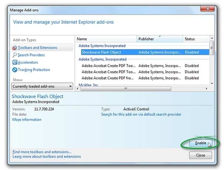 habilitar Adobe Flash Player Internet Explorer antiguo