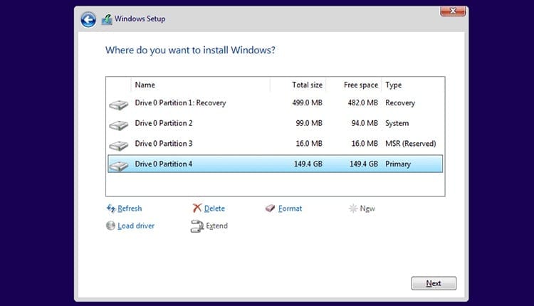 Formater les partitions Windows 10