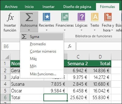 Autosuma en Excel