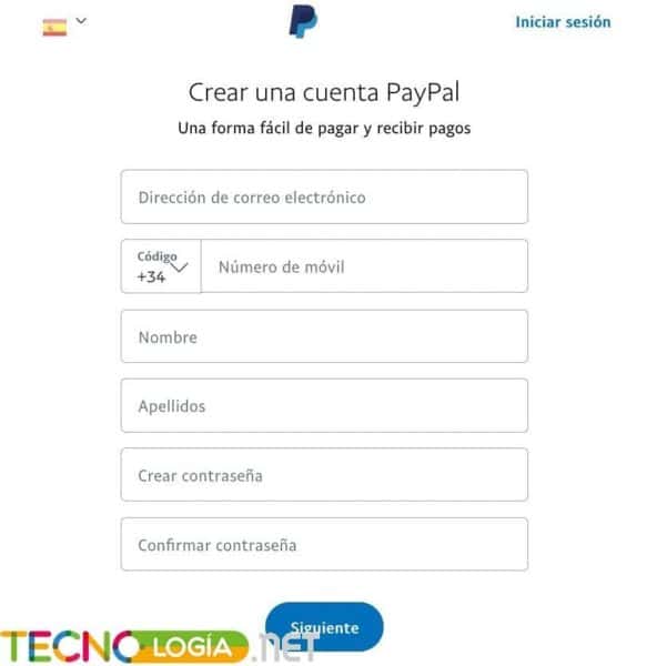 Formulario para crear una cuenta en Paypal