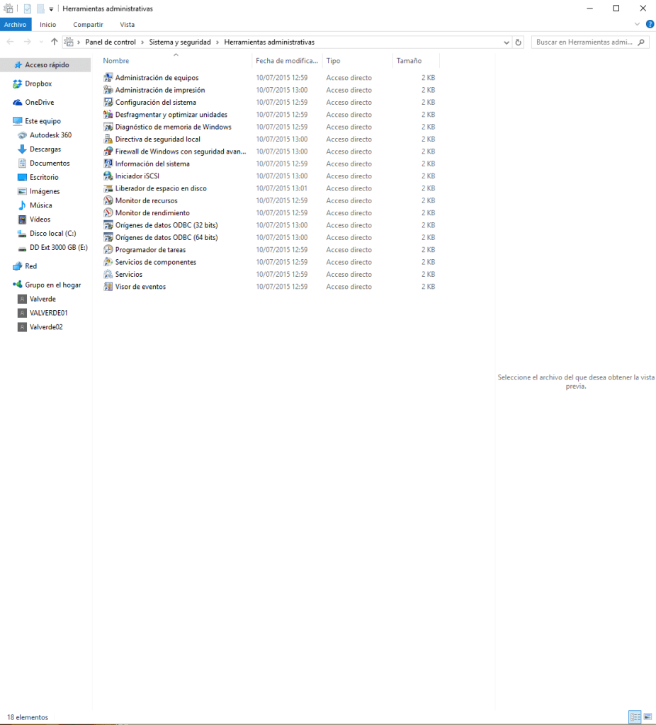 Apartado de herramientas administrativas de Windows 10